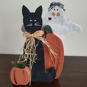 Halloween Folk Art Style Black Cat Ghost Pumpkin Rustic Table Top Figure